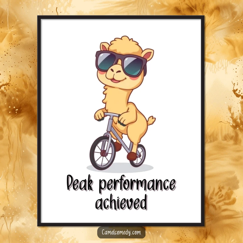 Funny poster print of a kawaii camel wearing sunglasses and riding a unicycle, adding a whimsical and humorous touch.