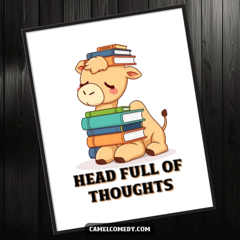 Funny poster art of a sleepy camel trying to balance a tall stack of books on its head, illustrating a funny struggle.