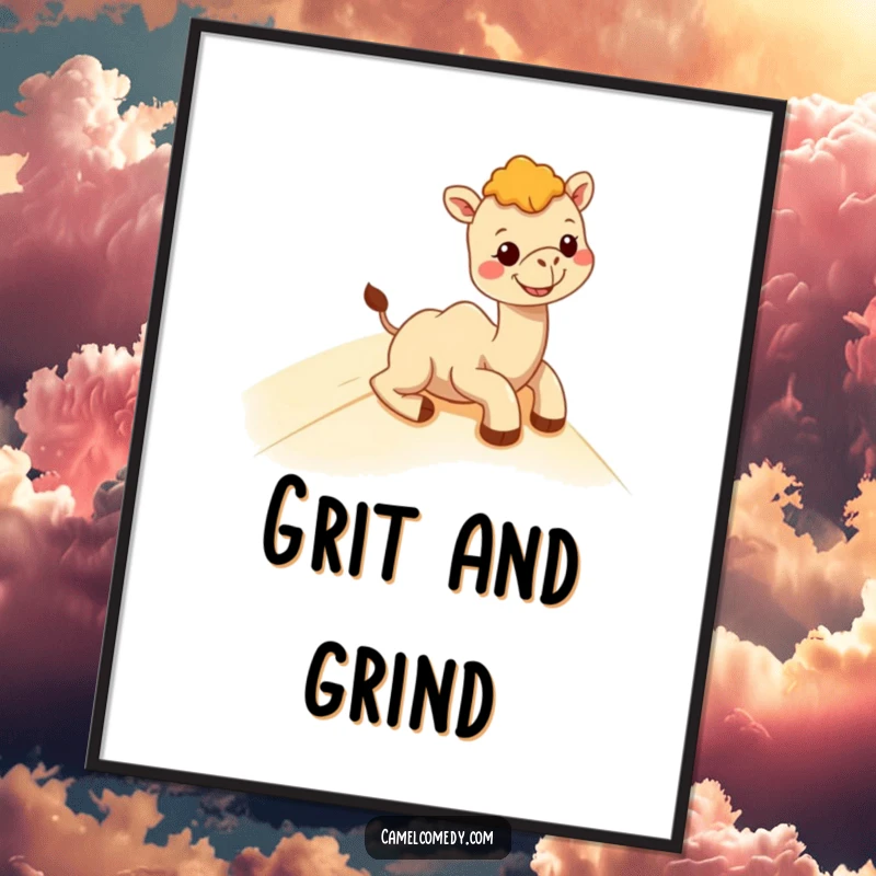 Funny kawaii camel in the midst of a sand dune slide, sporting a huge, infectious grin on a vibrant poster.