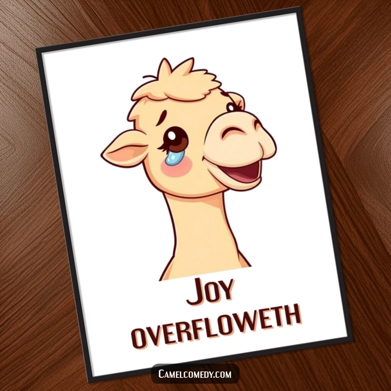 Funny delighted camel with a single tear of joy rolling down its cheek, heartwarming and humorous wall art poster.