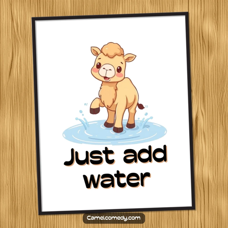 Funny poster print of a happy camel joyfully splashing water with its feet in a puddle, exuding pure, unadulterated fun.
