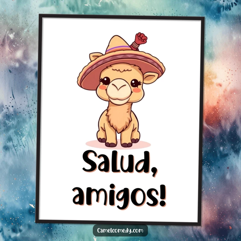 Funny poster print of a giggling camel wearing a tiny sombrero and tipping it, exuding holiday cheer and humor.