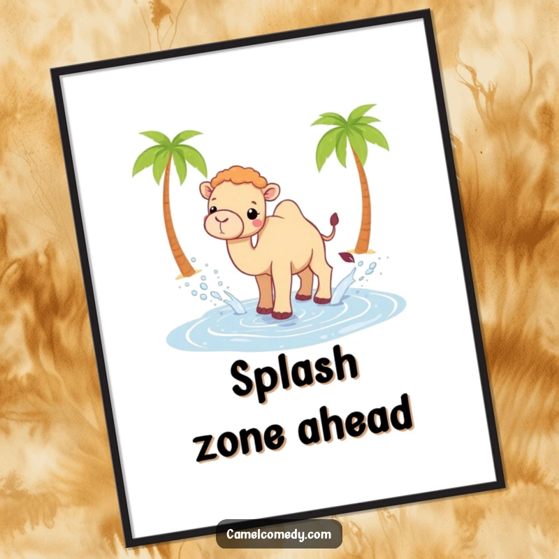 Funny Kawaii camel poster featuring a camel gleefully splashing water from a small desert oasis, adding a humorous touch.