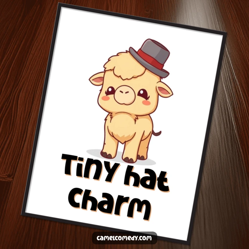 Funny Little Camel Poster: a small camel tipping a bowler hat with a sweet giggle, creating a funny and heartwarming piece of art.