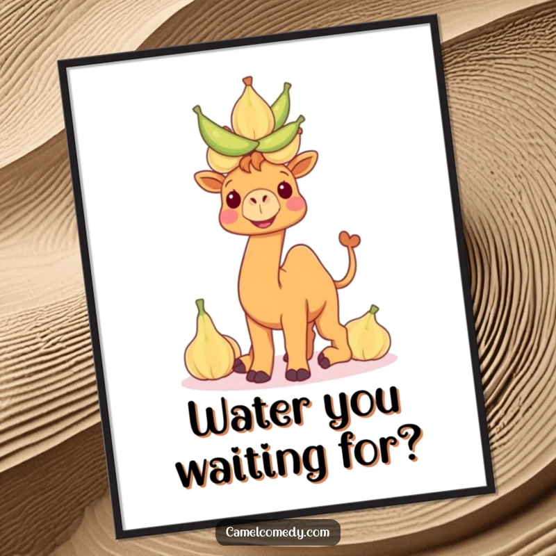 Funny camel poster featuring a smiling camel precariously balancing a tall stack of water gourds, evoking desert charm and humor.