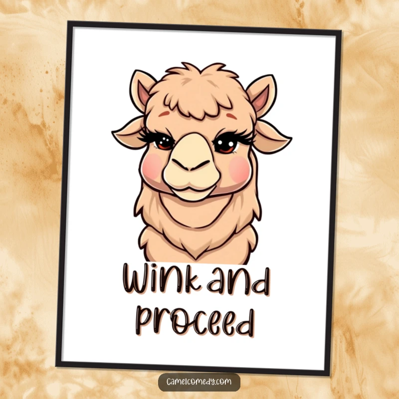 Funny Camel Poster depicting a camel winking with dramatic eyelashes, adding a humorous and cheeky artistic touch to wall decor.