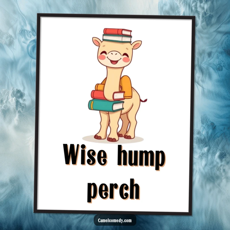 Funny Bookish Camel Poster: a joyful camel balances a tall stack of books on its hump, creating a funny and intellectual art piece.