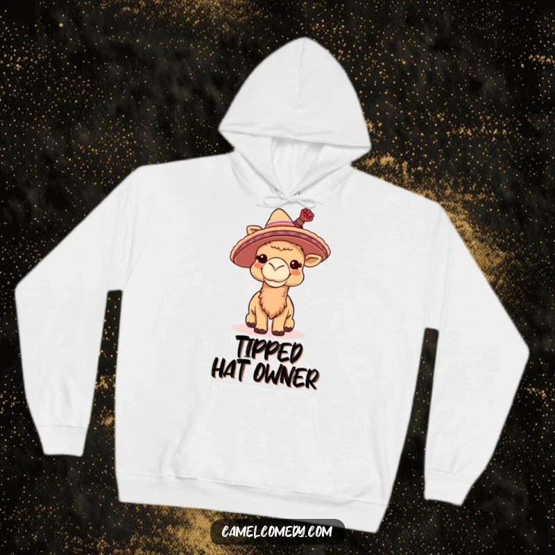 Funny hoodie showing a giggling camel wearing a miniature sombrero and playfully tipping it, full of charm.