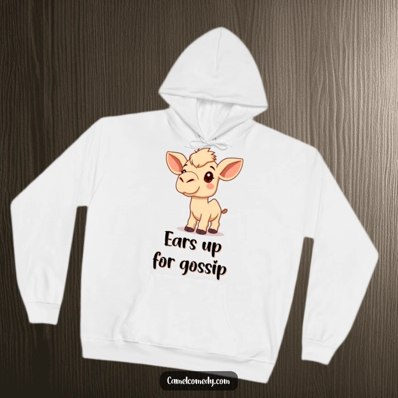 Funny Kawaii Camel Hoodie showing a cute camel listening inquisitively, a humorous and warm apparel choice.