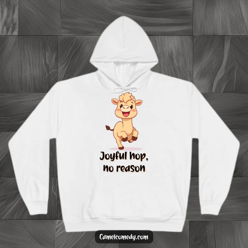 Funny camel hoodie illustration of a camel with a beaming smile performing a silly hop, full of contagious, bubbly enthusiasm.