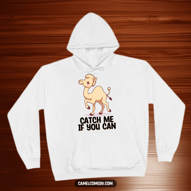Funny camel hoodie illustration of a camel in motion, one leg raised, looking back with a sly wink, radiating playful charm.