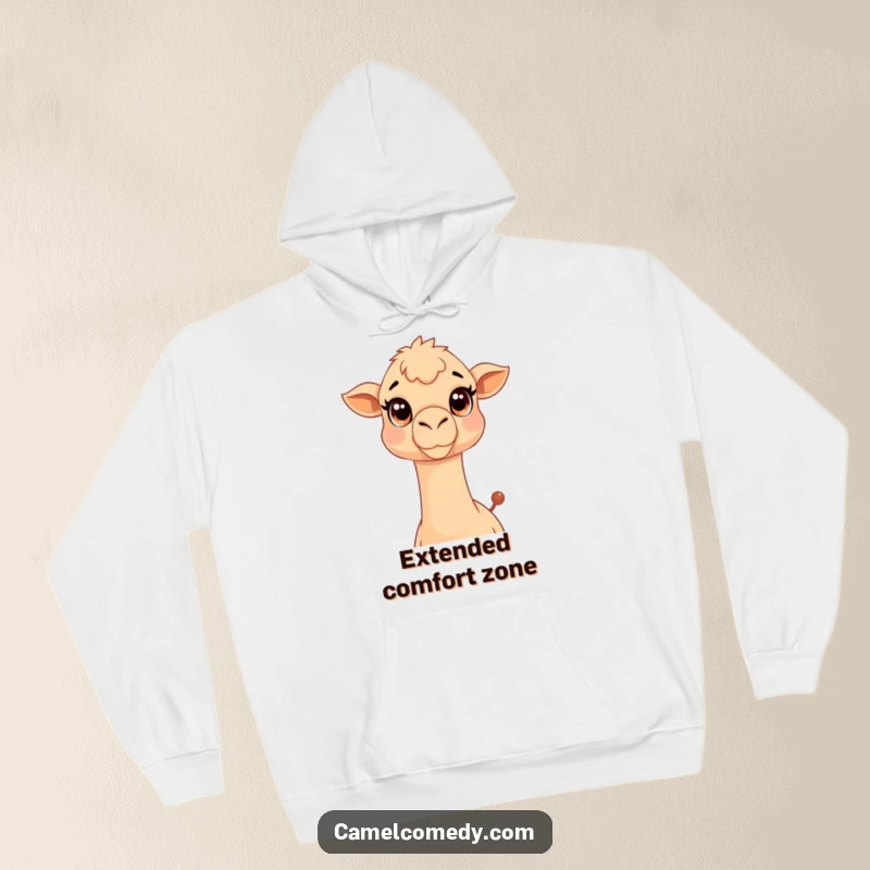 Funny Kawaii Camel Hoodie showing a cute camel with large eyes extending its neck, a humorous and cozy apparel item.