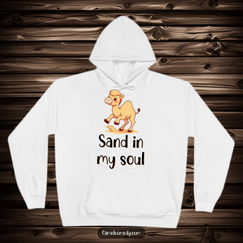 Funny Kawaii Camel Hoodie showing a cute camel kicking up sand, a humorous and warm apparel choice.