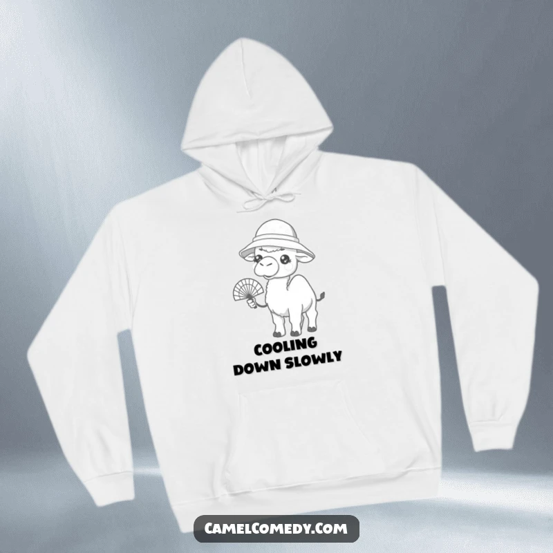 Funny hoodie with a kawaii camel in a bucket hat, holding a fan, looking warm, offering cozy summer humor.
