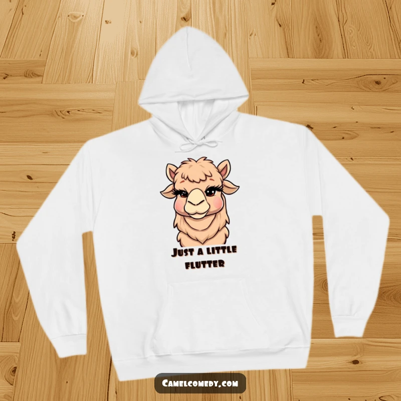 Funny Camel Hoodie showing a cartoon camel winking slyly, detailed with large, expressive eyelashes, embodying a humorous and cheeky spirit.