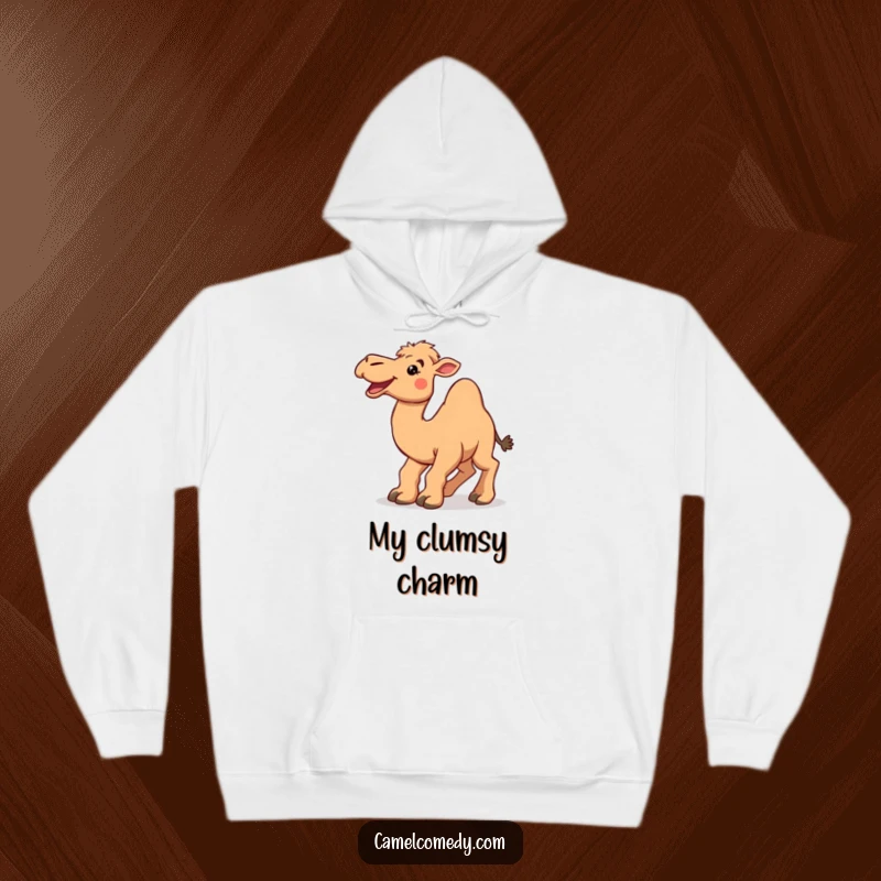 Funny, smiling camel tripping over its own large feet, featured on a warm and humorous hoodie.