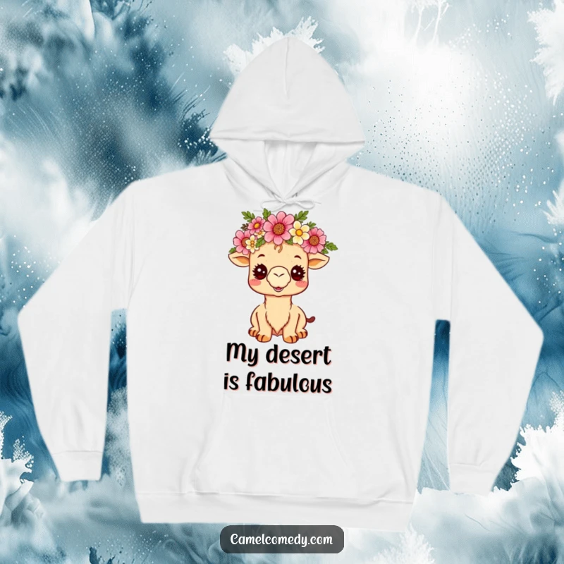 Funny kawaii camel wearing a desert flower crown, beaming on a soft hoodie, ideal for cozy, humorous wear.