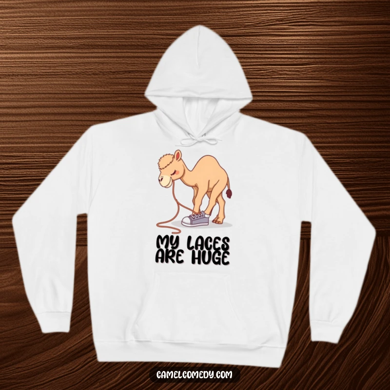 Funny camel hoodie depicting a camel bending over to tie an oversized shoelace, full of absurd charm.