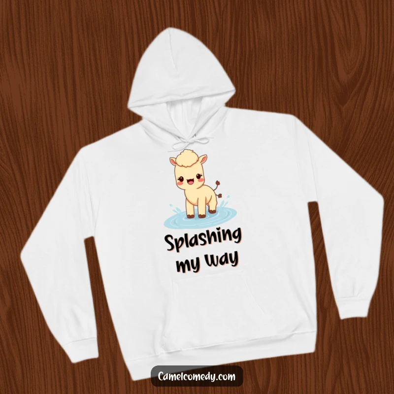 Funny Kawaii Camel Hoodie showing a cute camel splashing in water, a humorous and warm apparel choice.