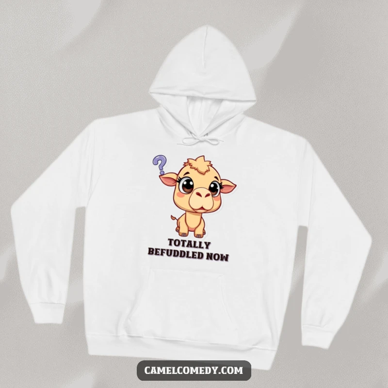 Funny surprised camel with wide eyes, shocked expression, gazing at a floating question mark, cozy humorous hoodie.