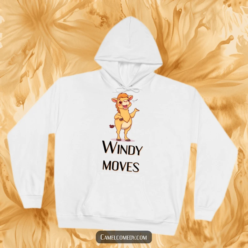 Funny camel dancing energetically in desert wind, featured on a warm hoodie, a humorous and comfortable gift.
