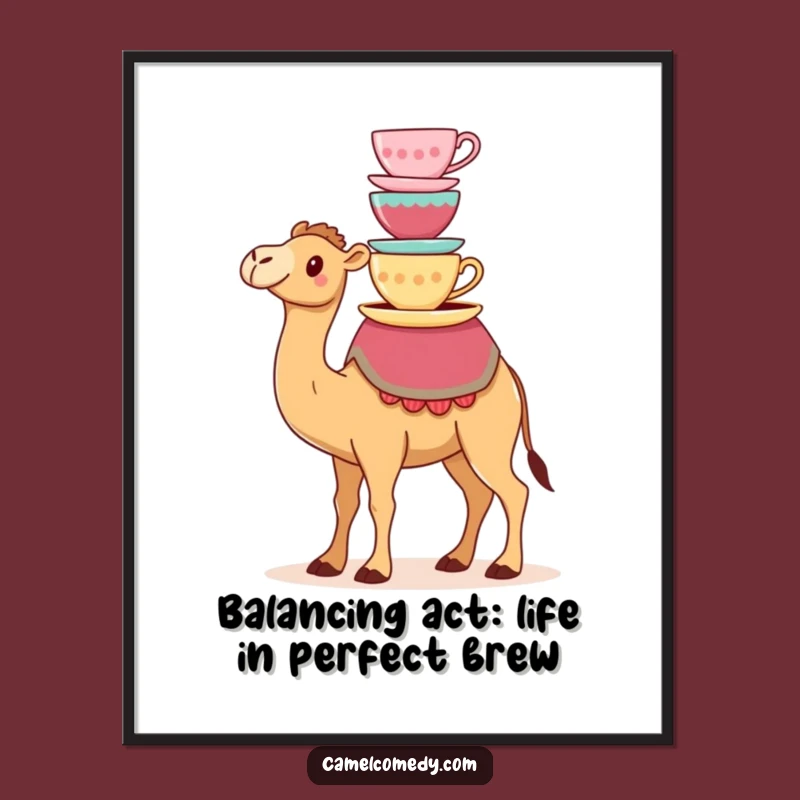 Free Printable Wall Art: Kawaii Camel Teacup Balance, Funny Home Decor