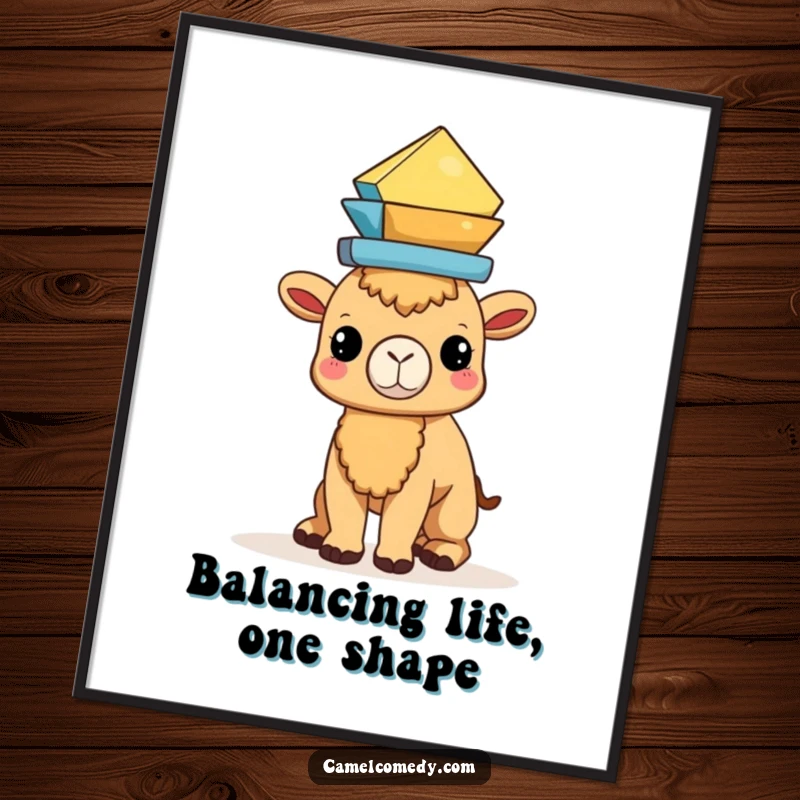 Funny Free Printable Wall Art: A Kawaii camel with a calm expression balances a tall stack of colorful shapes.