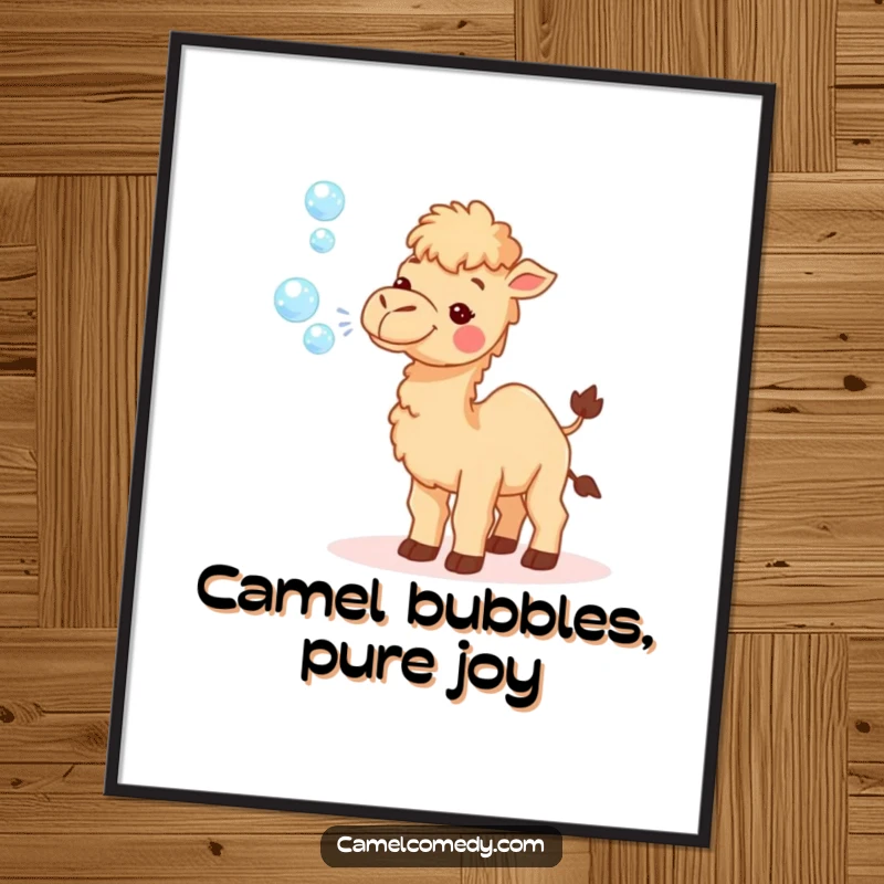 Funny Free Printable Wall Art: A tiny camel happily blowing a mesmerizing stream of sparkly, iridescent bubbles.