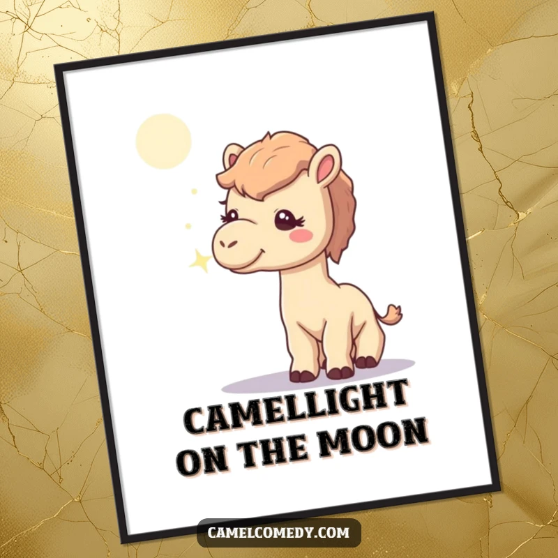Funny Free Printable Wall Art: A curious camel sniffing a solitary, sparkling moonbeam under a magical night sky.