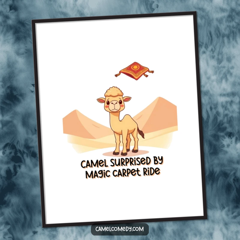 Funny Free Printable Wall Art: A kawaii camel on sand dunes looks utterly surprised by a mysterious flying carpet descending.