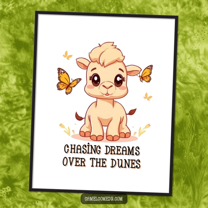 Funny Free Printable Wall Art: A cute camel with wide eyes excitedly chases a butterfly, capturing a moment of playful energy.