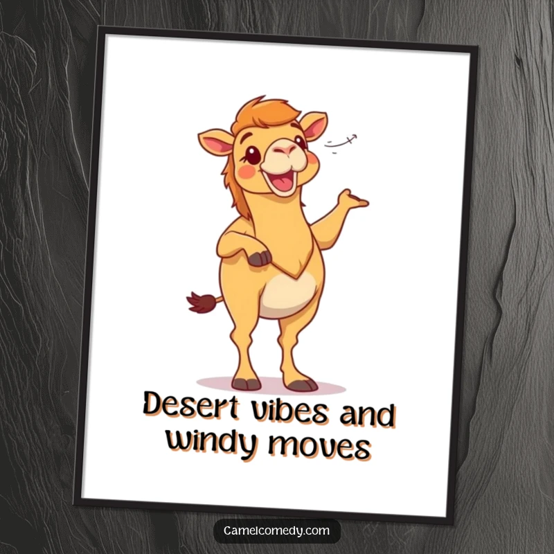 Funny Free Printable Wall Art: A camel joyfully dances with desert winds, capturing a moment of pure, uninhibited fun.