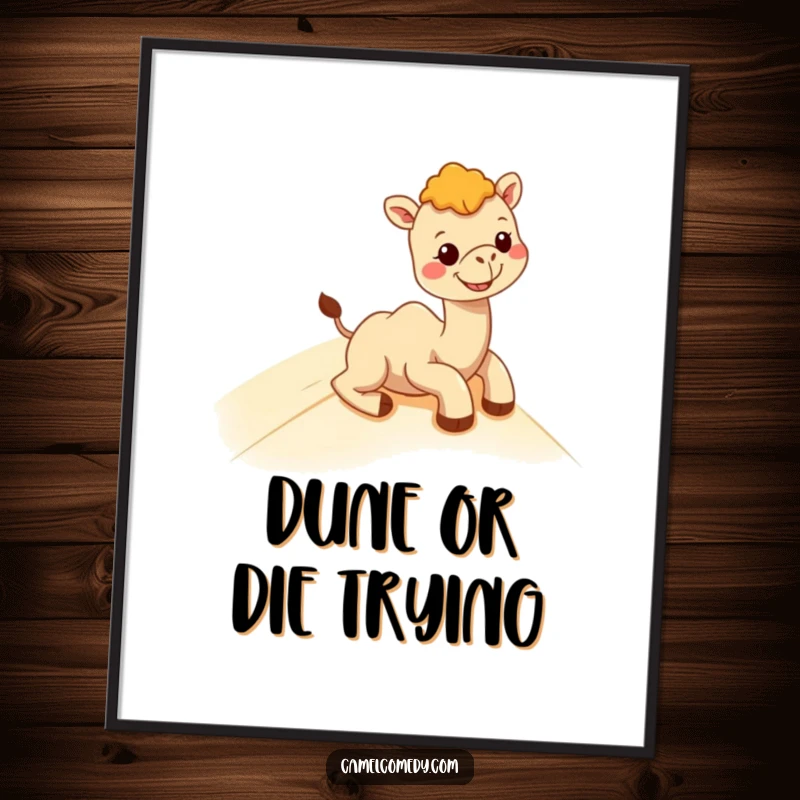 Funny Free Printable Wall Art: A cute kawaii camel joyfully slides down a desert sand dune with a big smile.