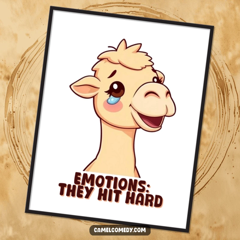 Free Printable Wall Art: A delightful camel's face expresses pure joy, with one prominent tear of happiness glistening.
