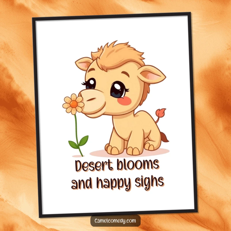 Funny Free Printable Wall Art: A happy camel with a massive smile delicately sniffs a colorful, blooming flower in the desert.