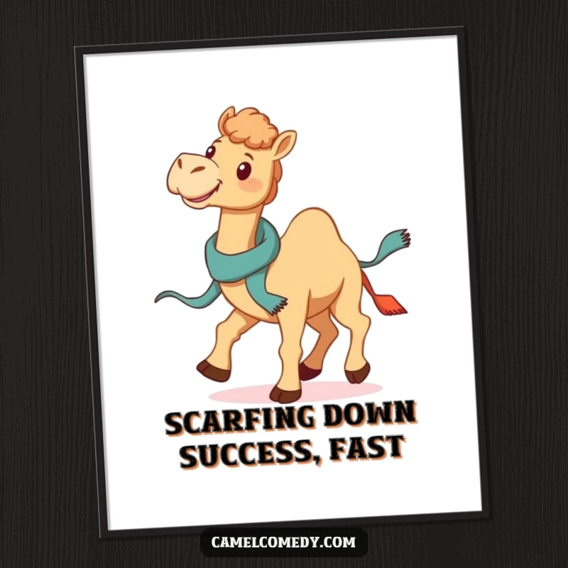 Funny Free Printable Wall Art: A smiling camel gallops across the desert, a jaunty scarf trailing, bringing zest.