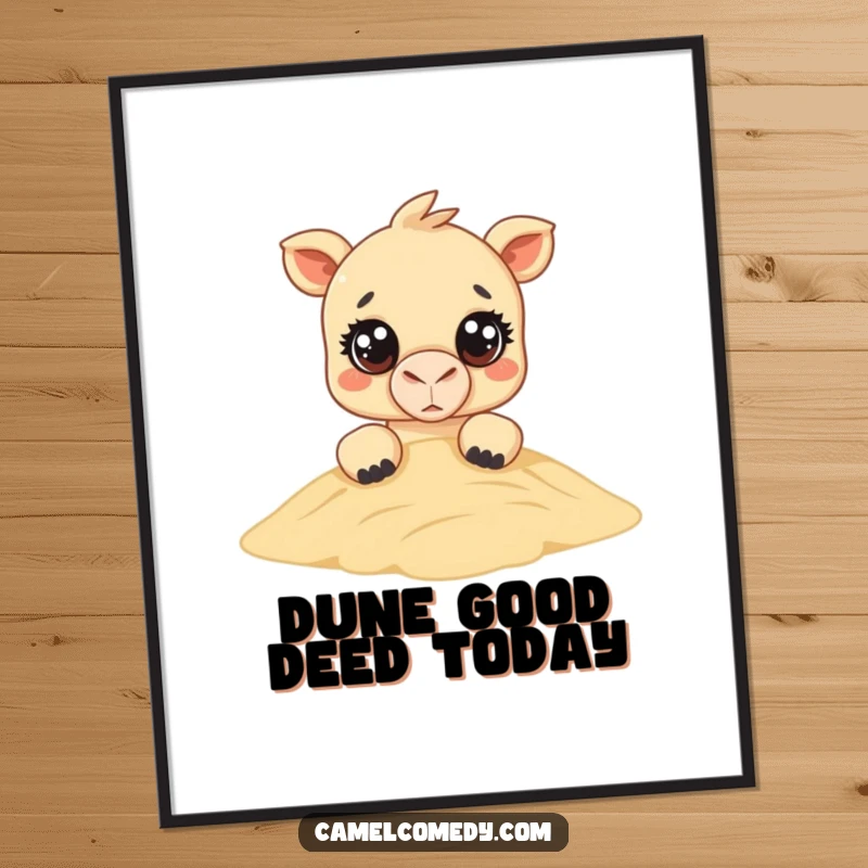 Funny Free Printable Wall Art: A kawaii camel with big, curious eyes peeks over a desert sand dune, adding charm.