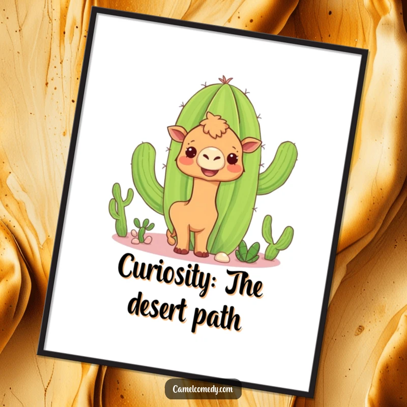 Funny Free Printable Wall Art: A curious camel peeks around a large, smiling cactus, adding quirky desert vibes.