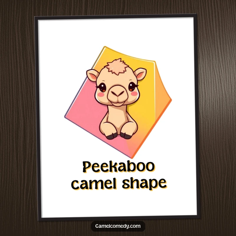 Funny Free Printable Wall Art: Curious camel peeking from behind a bright, colorful geometric shape.