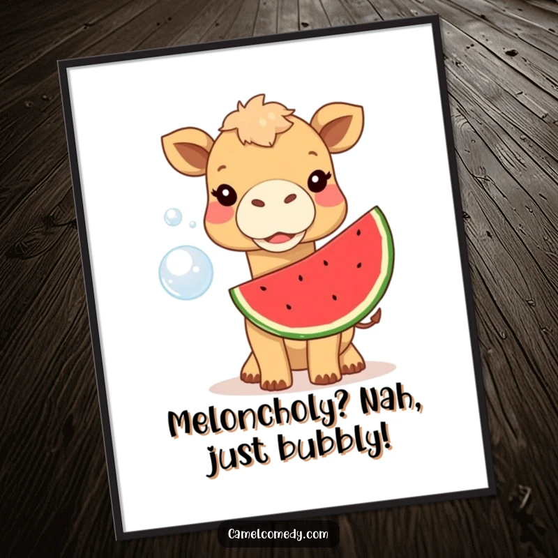 Funny Free Printable Wall Art: A cheerful camel blowing a giant watermelon bubble, adding whimsical charm to any room.