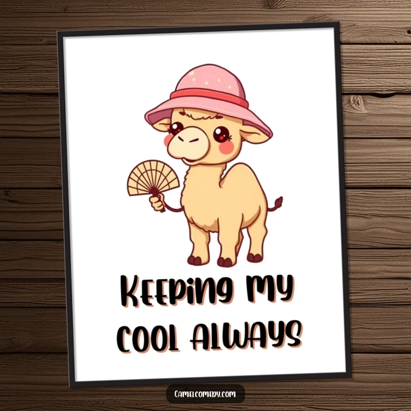 Funny Free Printable Wall Art: A kawaii camel in a bucket hat, fanning itself vigorously, looking warm but content.