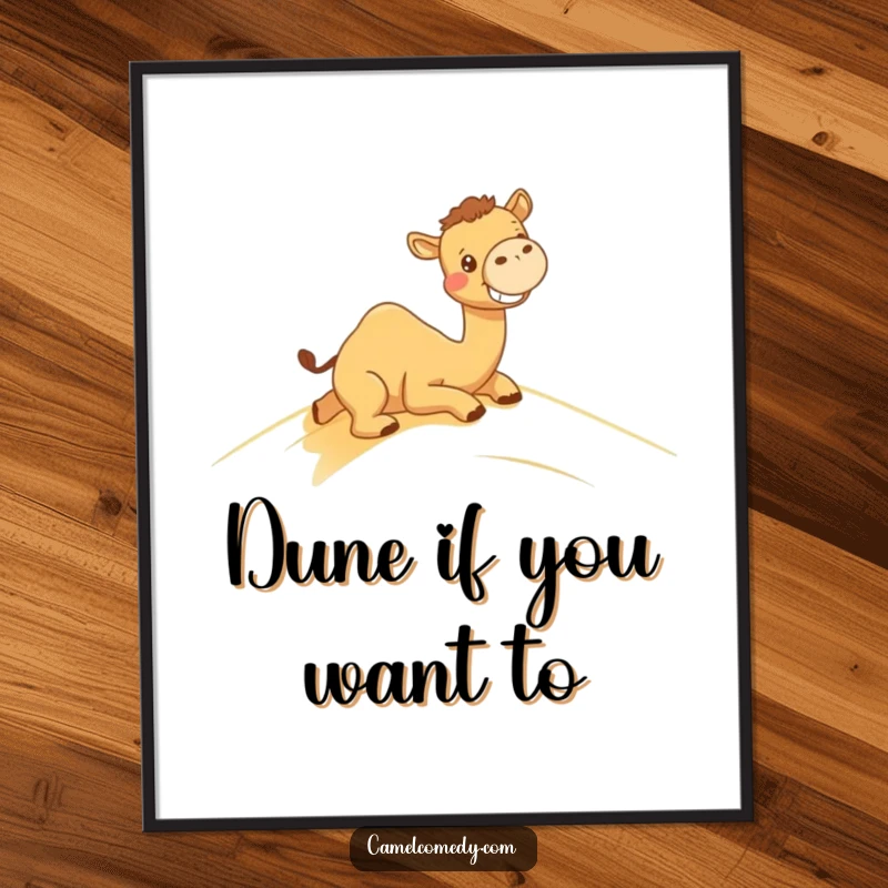 Funny Free Printable Wall Art: A kawaii camel with a huge grin slides down a sandy dune, radiating pure joy.