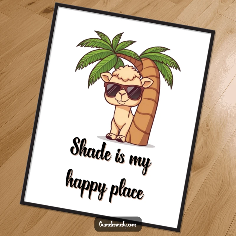 Funny Free Printable Wall Art: A kawaii camel wearing cool sunglasses, peeking mischievously from behind a vibrant palm tree.