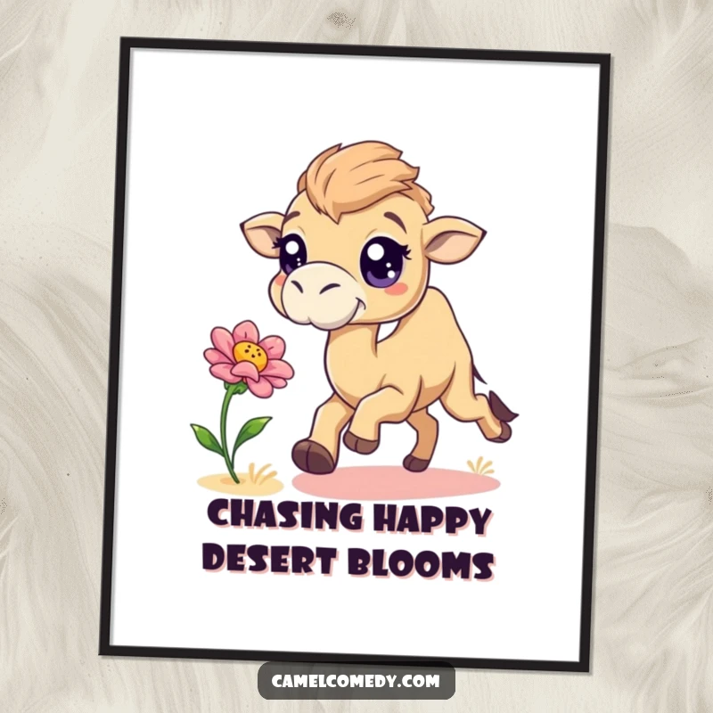 Funny Free Printable Wall Art: Playful camel with big, sparkling eyes chasing a bouncing desert flower.