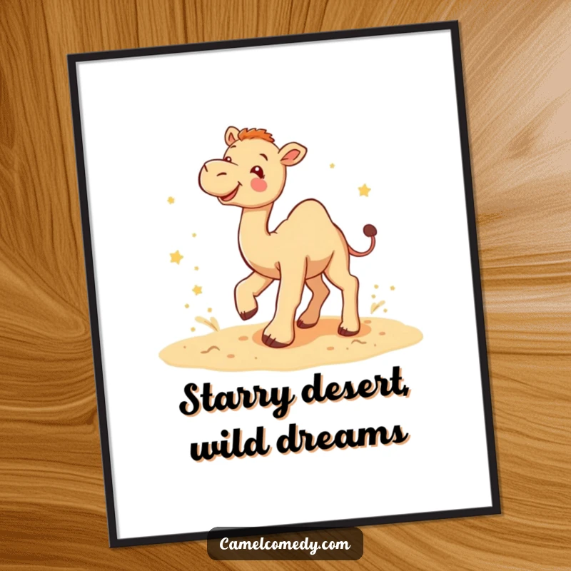 Funny Free Printable Wall Art: A playful camel kicks up sand with glee under a sky of tiny stars, full of energy.