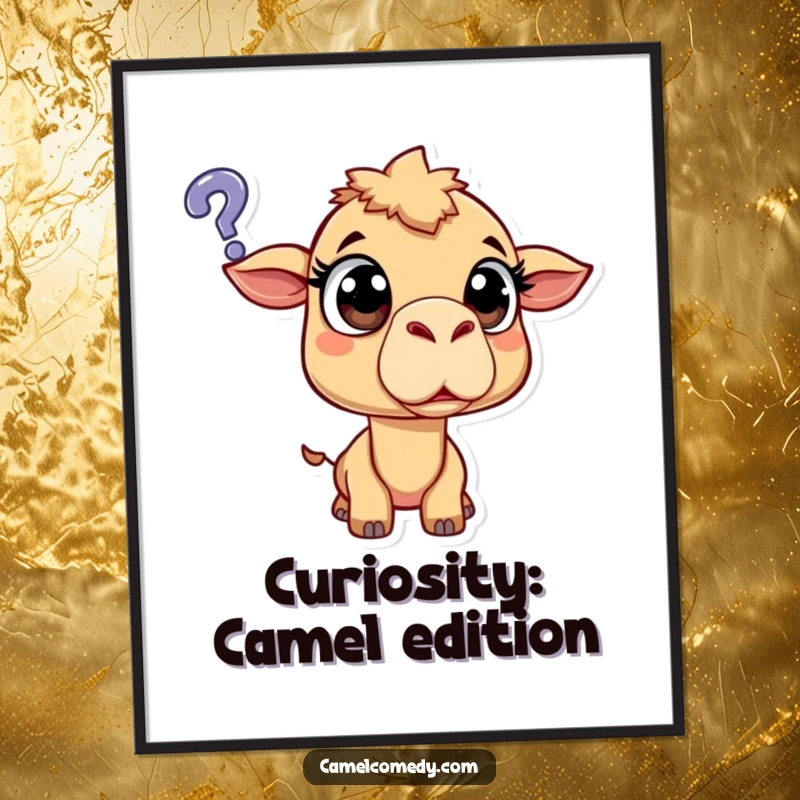 Free Printable Wall Art: A comical camel with enormous, surprised eyes gazes at a large, floating question mark.