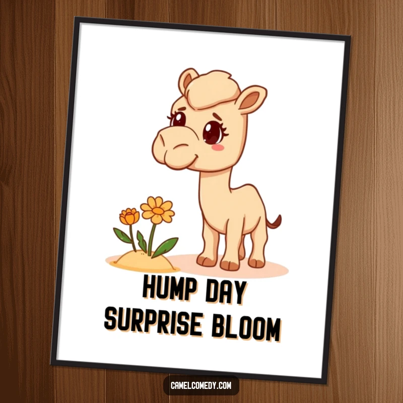 Funny Free Printable Wall Art: A camel with a perplexed expression stares at a misplaced desert flower, creating amusing art.