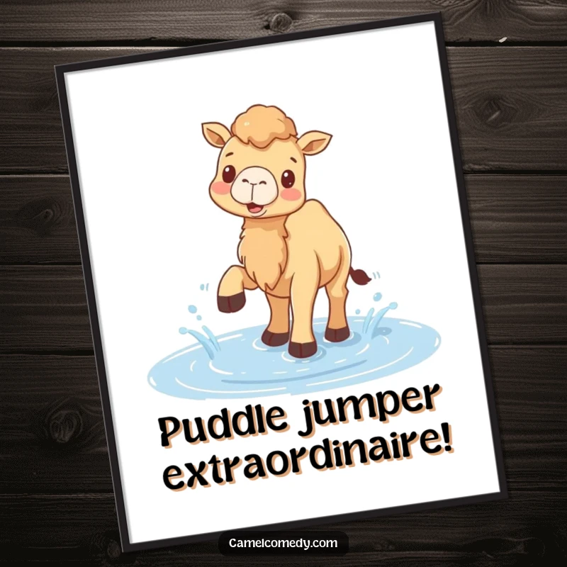 Funny Free Printable Wall Art: A joyful camel splashing water with its feet in a puddle, radiating happiness.