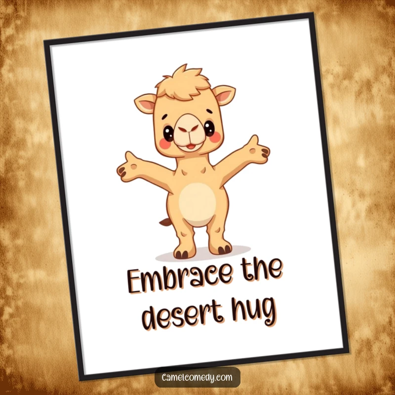 Funny Free Printable Wall Art: A camel with arms wide open, inviting a gentle, warm hug for whimsical decor.
