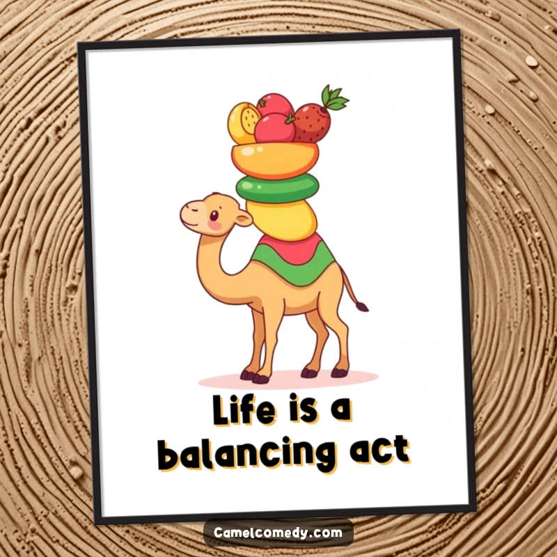 Funny Free Printable Wall Art: A Kawaii camel impressively balancing a colorful stack of desert fruits, a humorous scene.